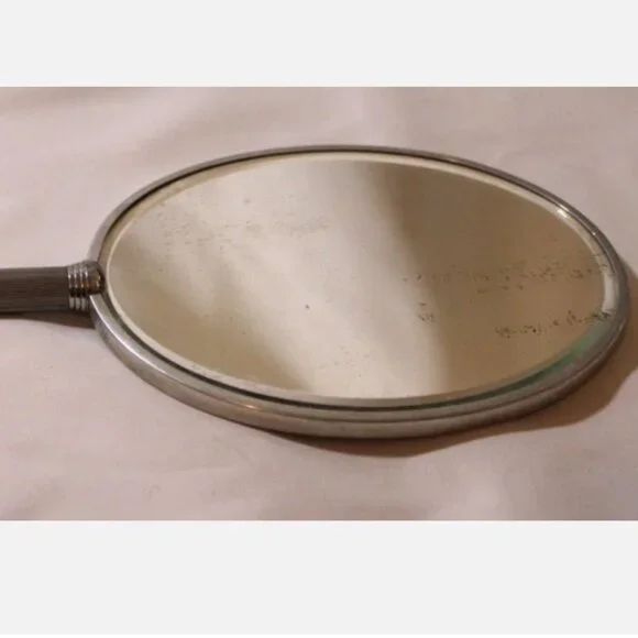 Vintage Hand Mirror Green Back 12.5 x 4.75 Inches Silver Tone Handle Art Deco - Picture 5 of 6